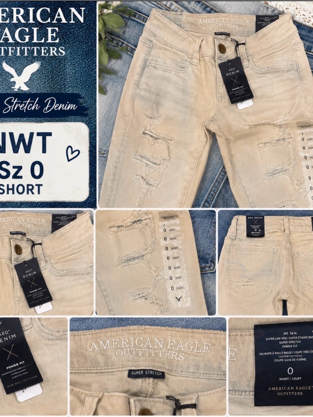 NWT American Eagle Outfitters Beige Distressed Stretch Skinny Jeans Sz 0 Short